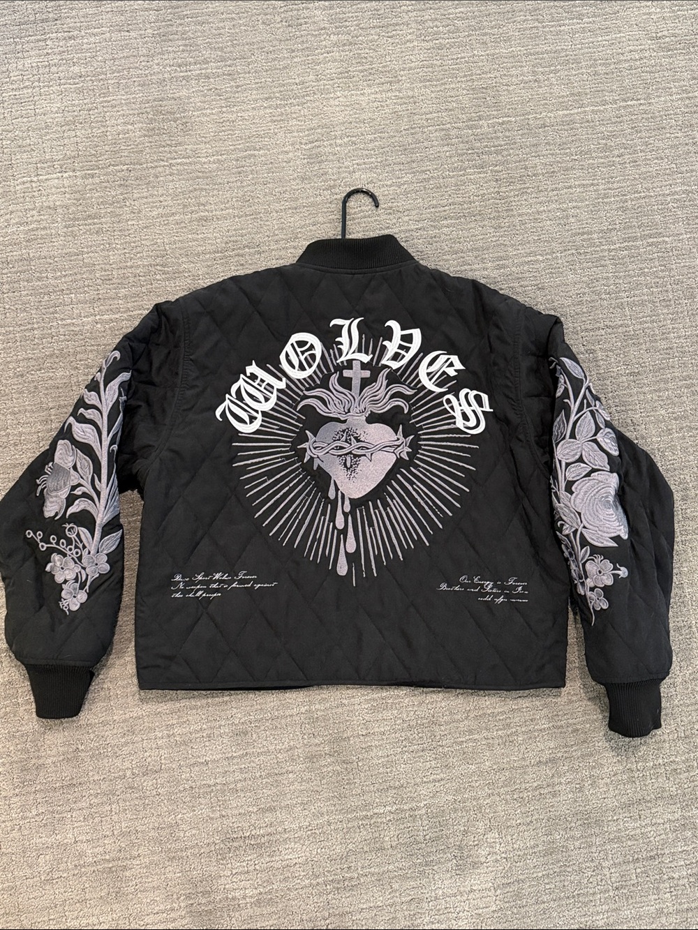 Black Quilted Bomber Jacket with Graphic Heart Motif